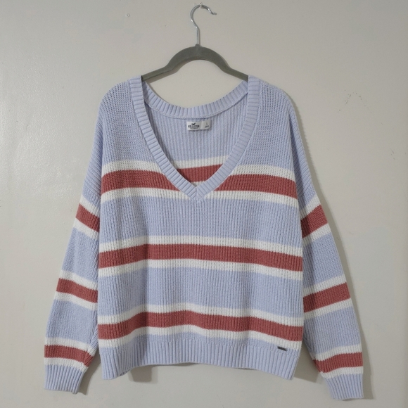 HOLLISTER Preppy Oversized Chunky Knit Striped V-Neck Pullover Sweater, Size L - Picture 2 of 13